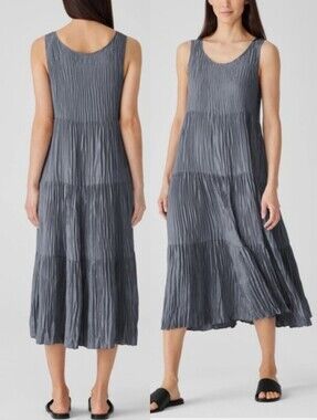 Eleen fisher crushed silk pleated Tiered midi dress Steel